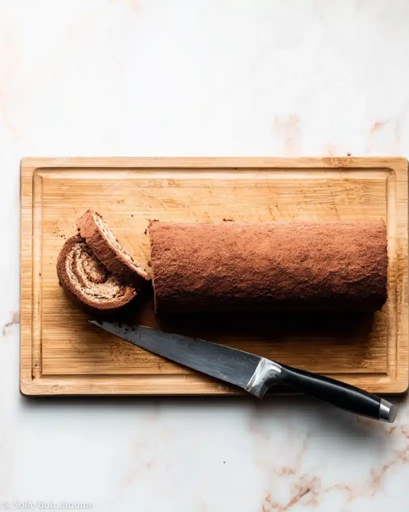 Rolled sponge cake on cutting board with knife, trimmed for Yule Log