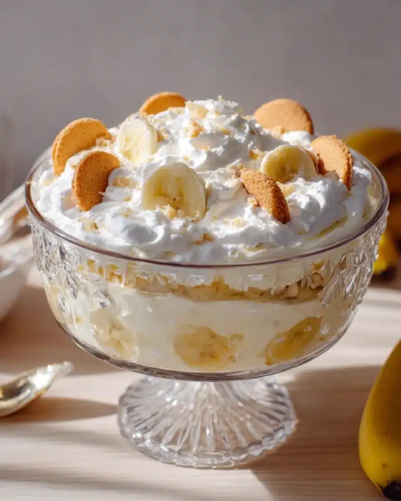 Banana pudding with whipped cream, vanilla wafers, and banana slices in a glass dish