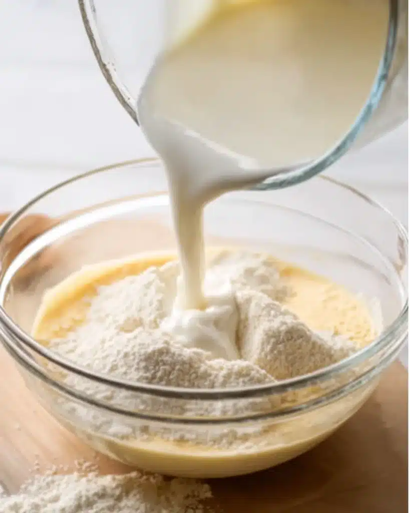 Milk poured into glass bowl with pudding mix for banana pudding