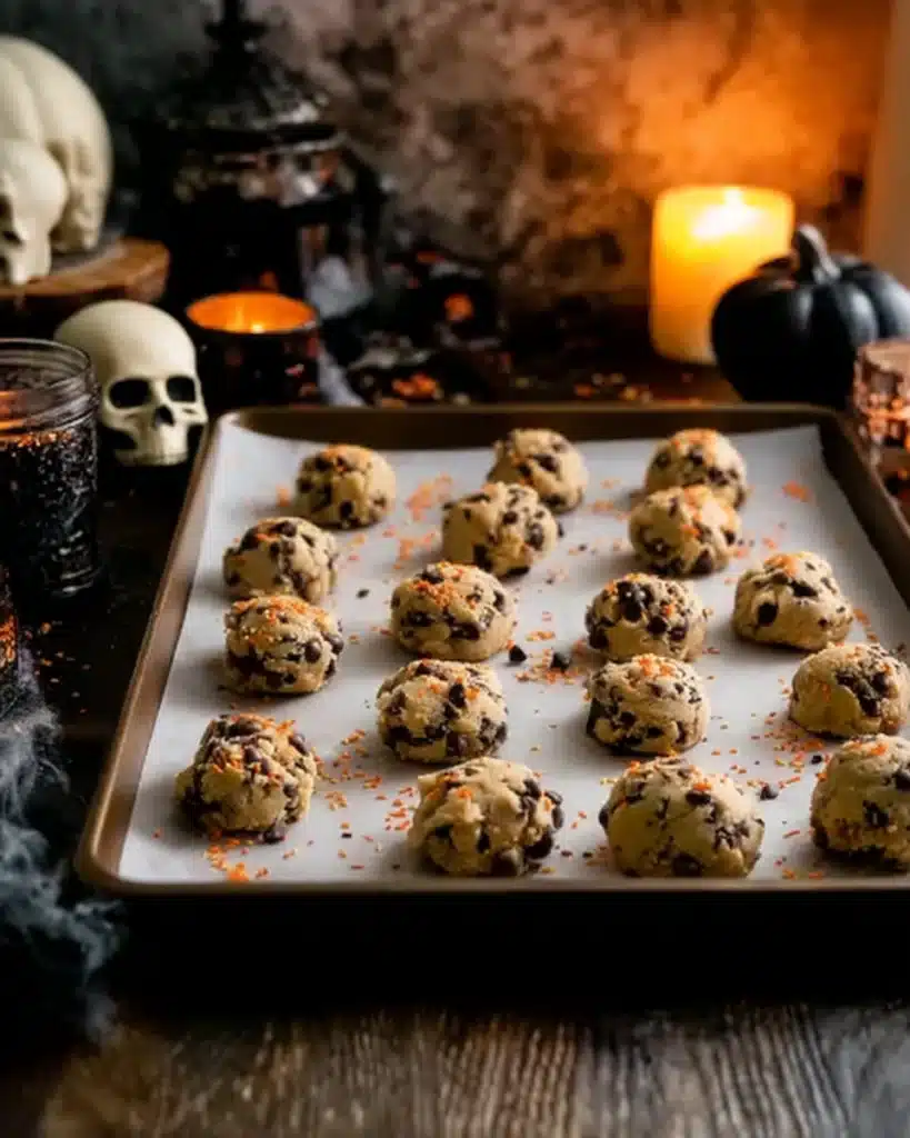 Scooped Halloween chocolate chip cookie dough balls on baking sheet