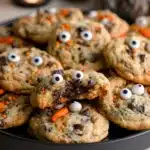 Freshly baked Halloween chocolate chip cookies with candy eyes on black plate