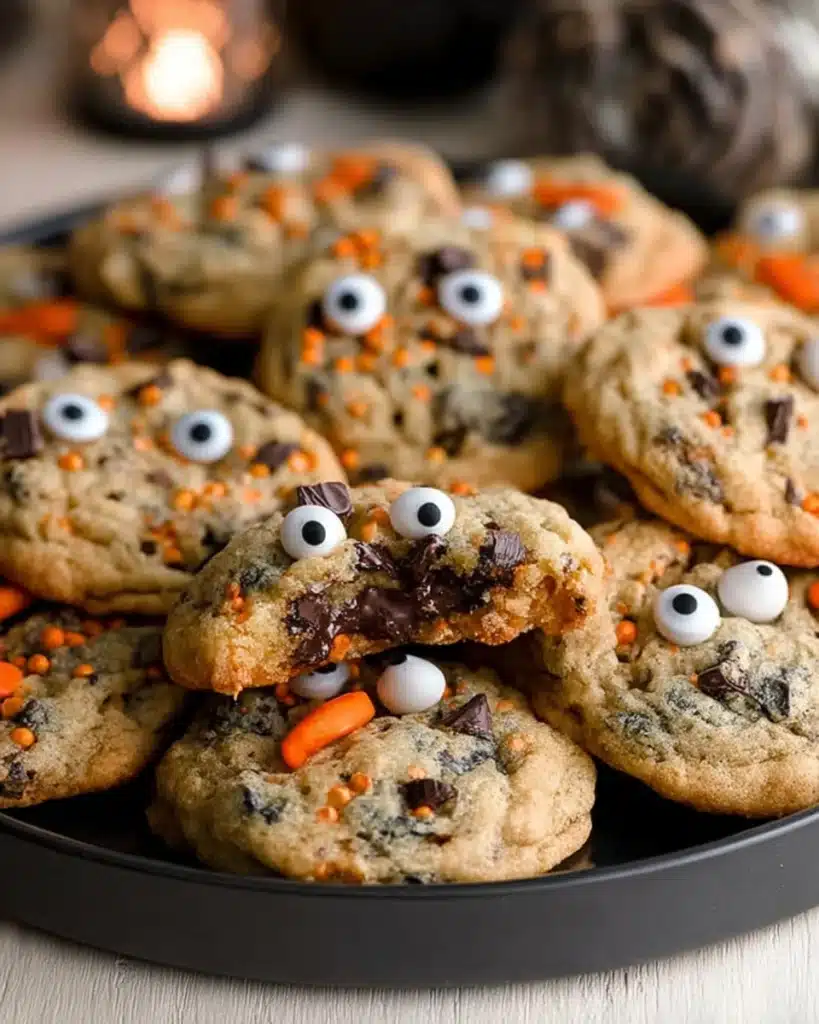 Freshly baked Halloween chocolate chip cookies with candy eyes on black plate