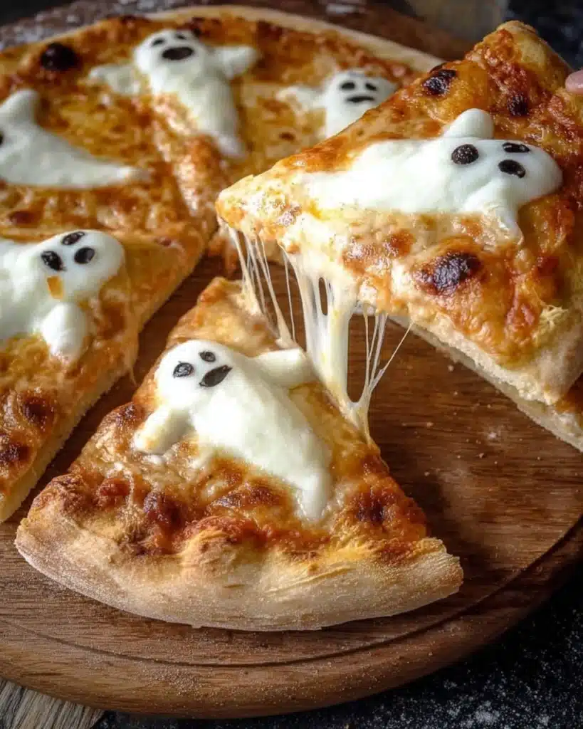 Slice of Halloween ghost pizza with gooey cheese stretch