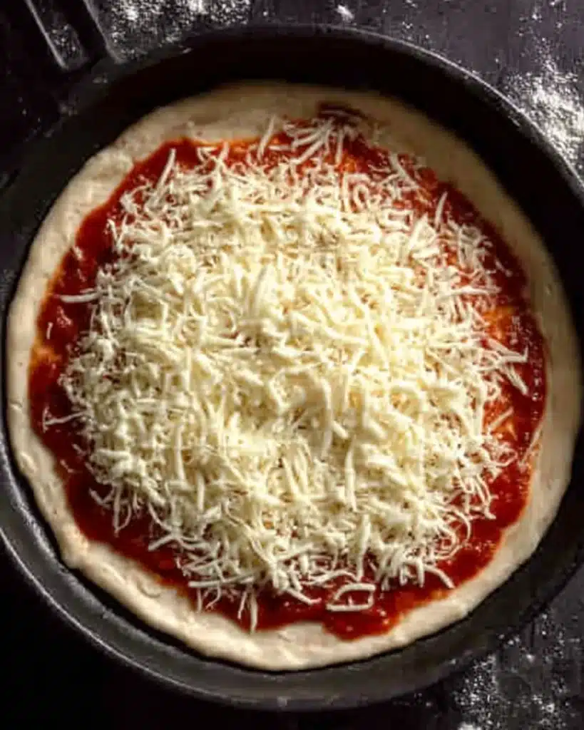 Uncooked pizza with sauce and mozzarella in skillet before baking