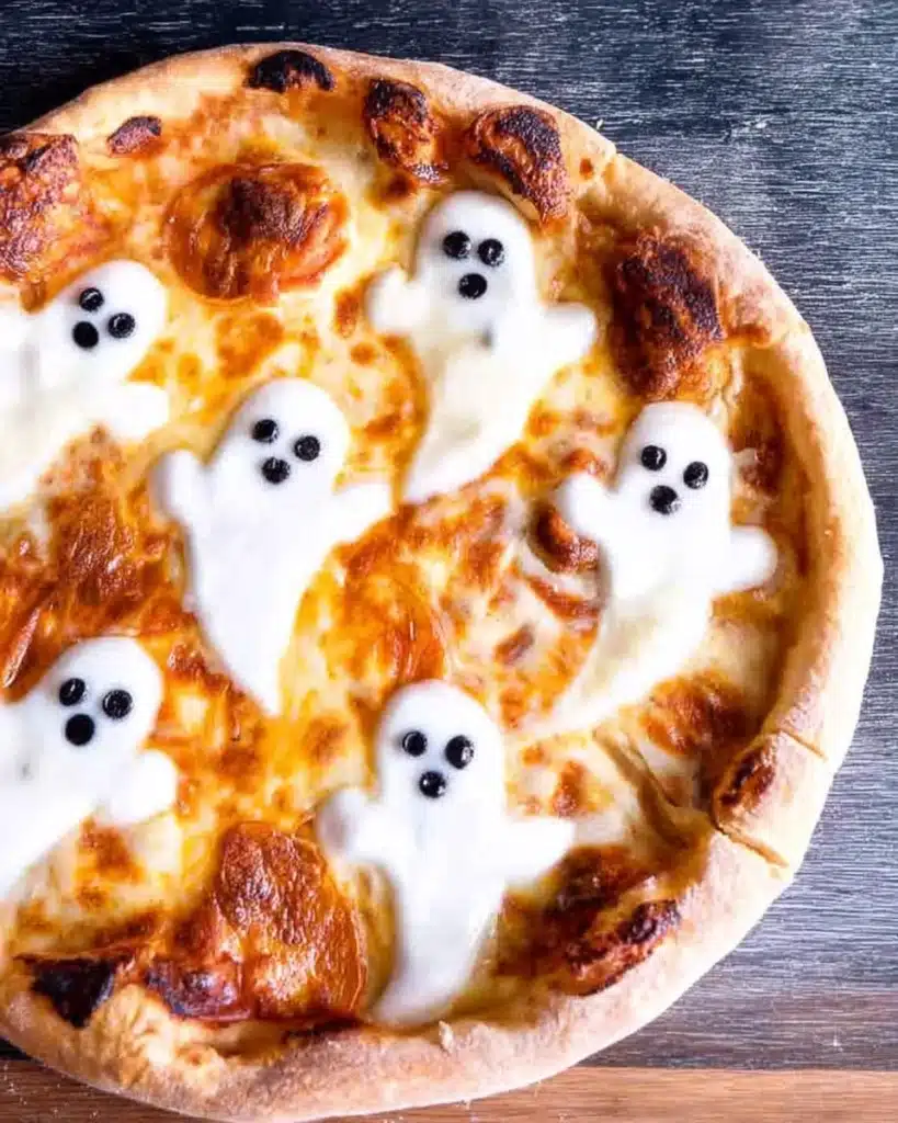 Halloween ghost pizza with cheese ghosts and olive eyes on crispy crust