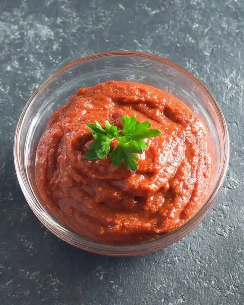 Homemade pizza sauce in glass bowl with parsley garnish