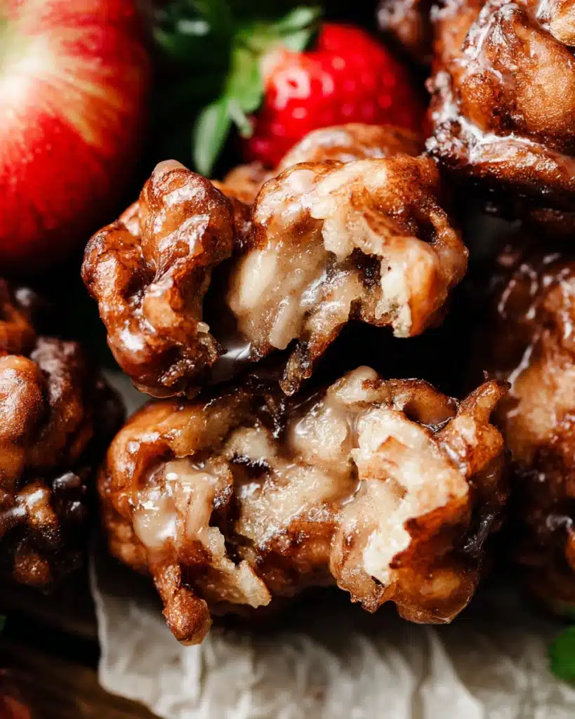 Homemade apple fritters with caramelized apple filling and glaze