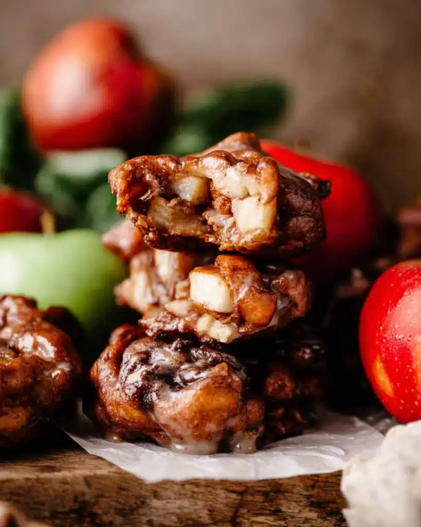 Homemade apple fritters with apple cider glaze stacked on wooden board