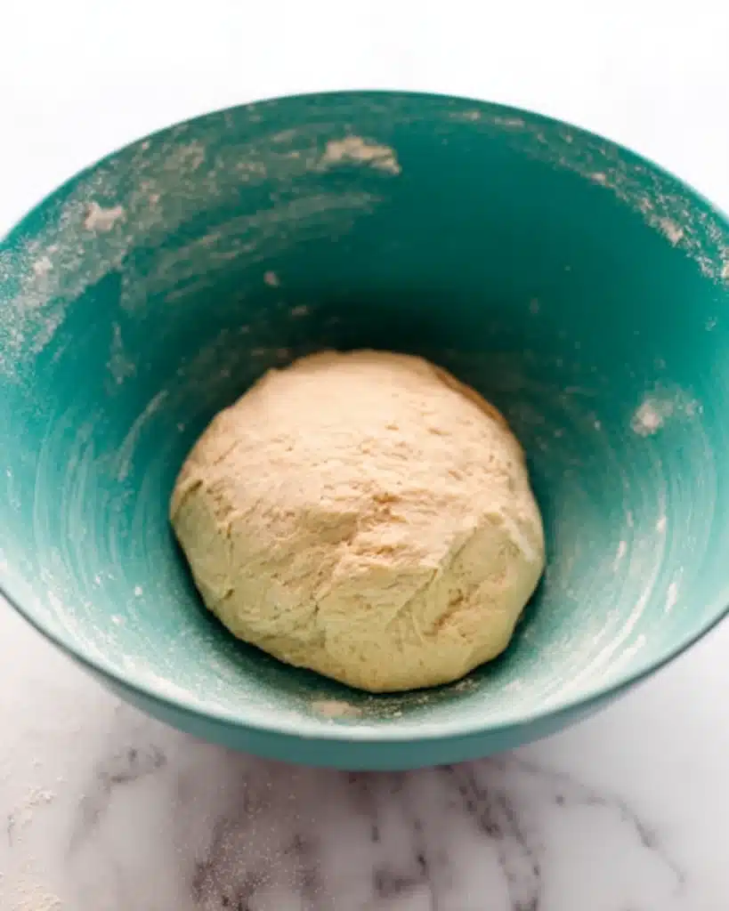 Ball of apple fritter dough resting in teal mixing bowl