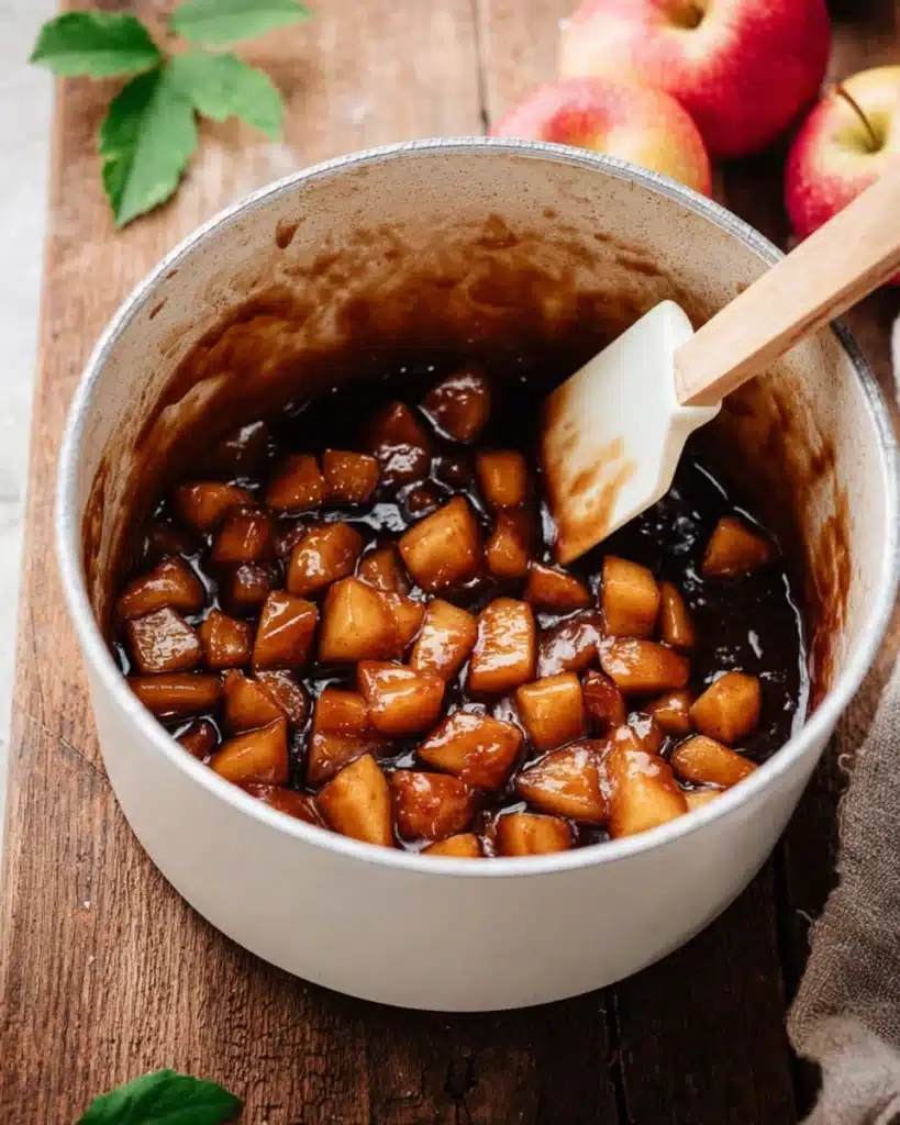 Caramelized apple filling for homemade apple fritters in saucepan