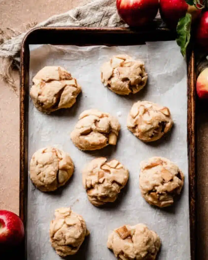 Shaped apple fritter dough on tray before frying