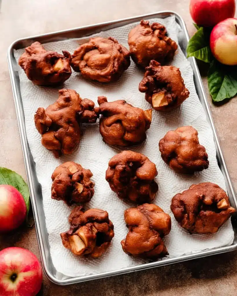 Freshly fried apple fritters draining on tray with apples