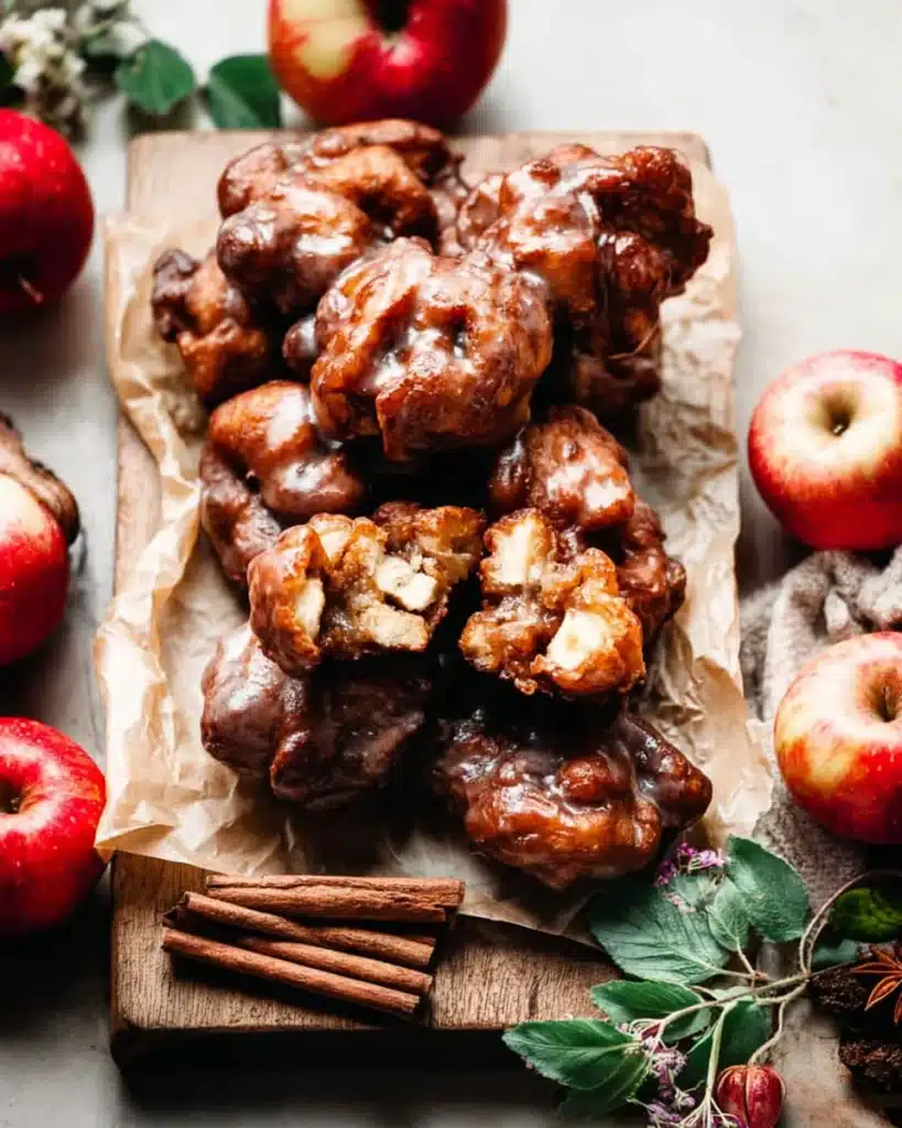 Glazed homemade apple fritters with apple cider glaze on wooden board