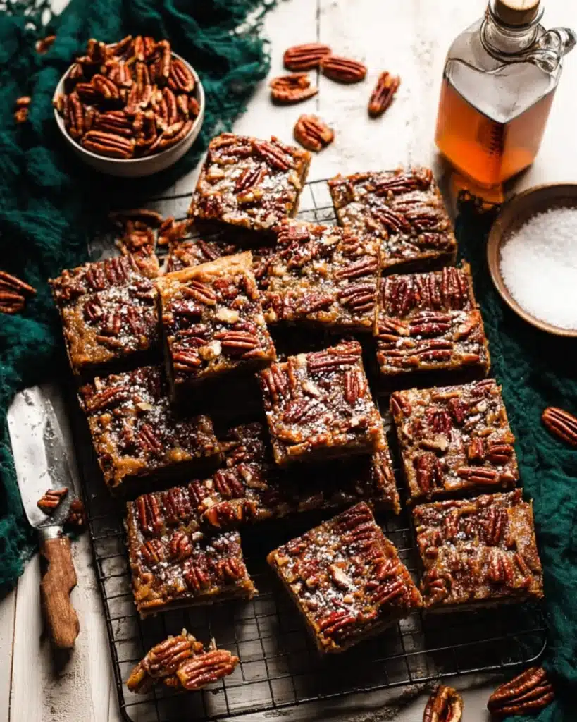 Salted maple pecan pie bars sliced and served on a cooling rack