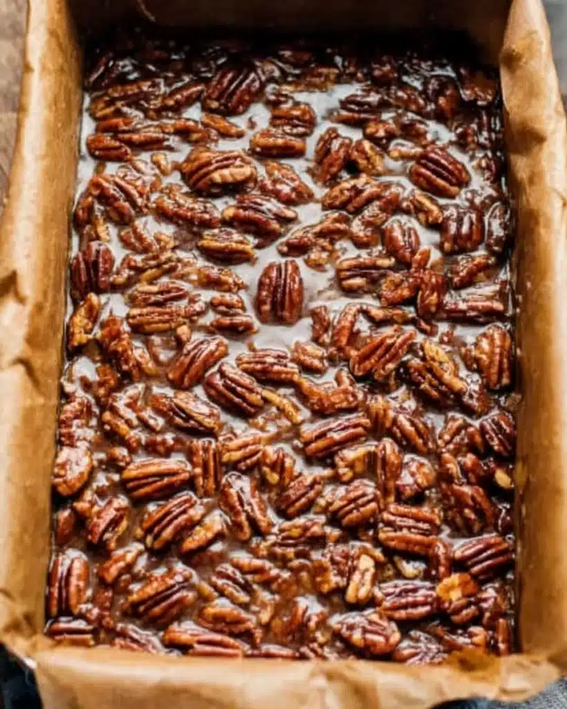 Pecan pie bar filling in pan before baking