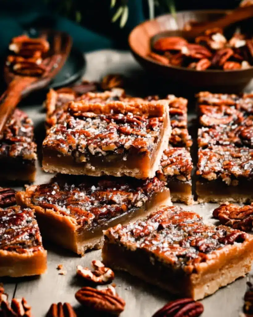Salted maple pecan pie bars with shortbread crust and pecans