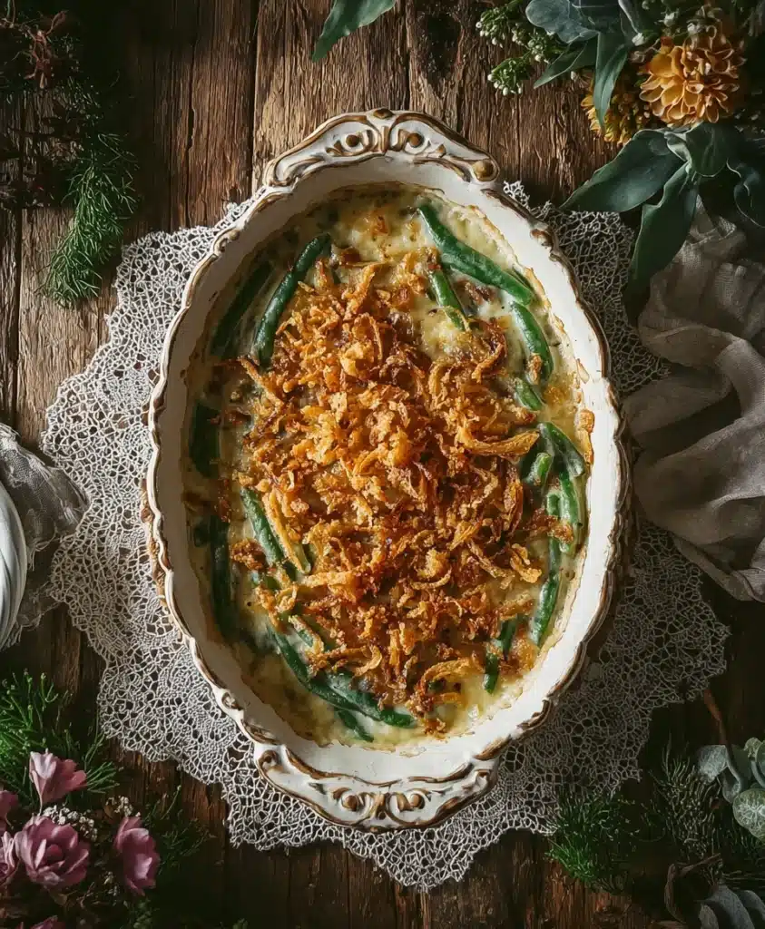 Southern green bean casserole in ornate white dish with golden topping
