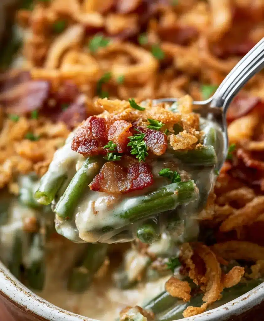 Bacon southern green bean casserole spoonful with creamy sauce