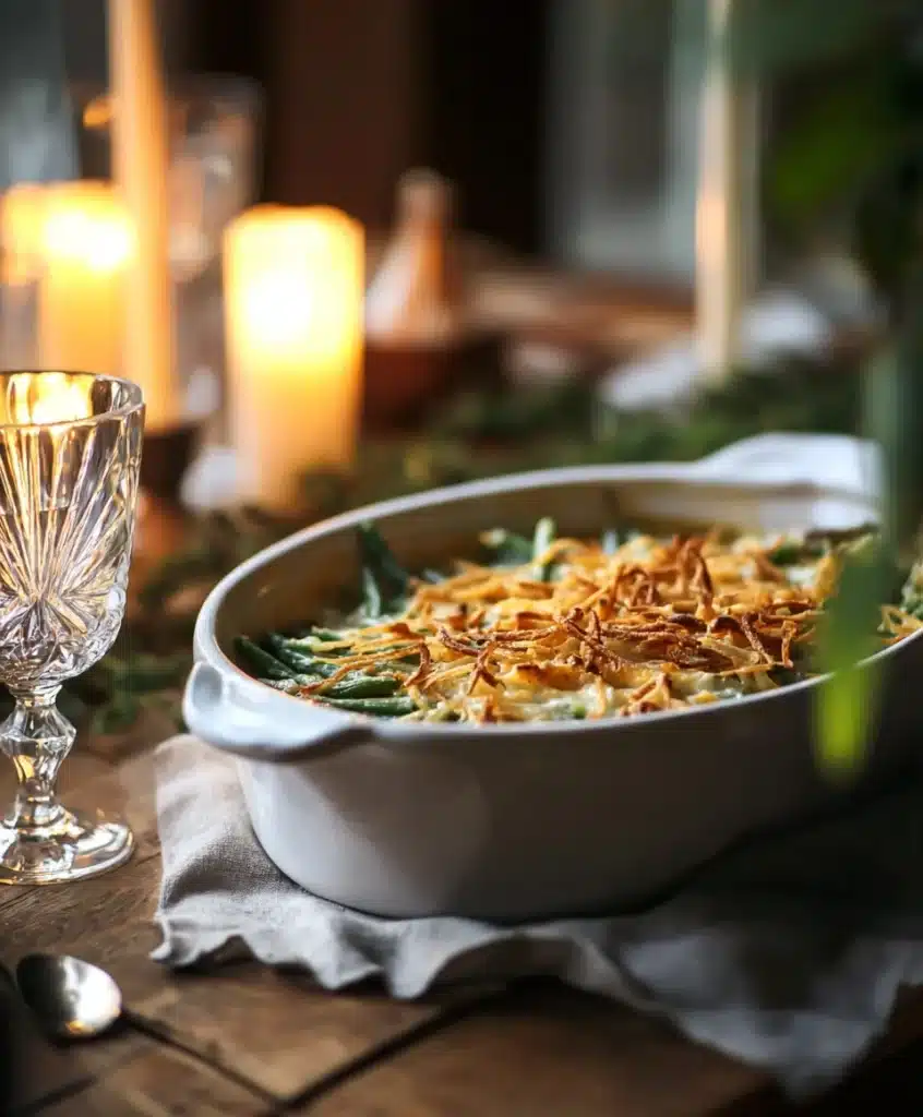 Southern green bean casserole with crispy onion topping by candlelight