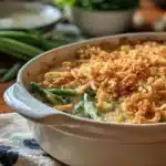 Southern green bean casserole with crispy topping in a white dish