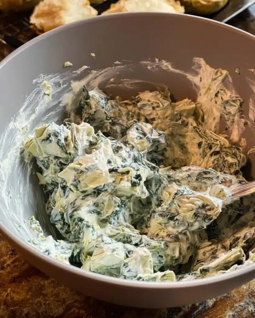 Mixed spinach and artichoke filling in bowl with spoon