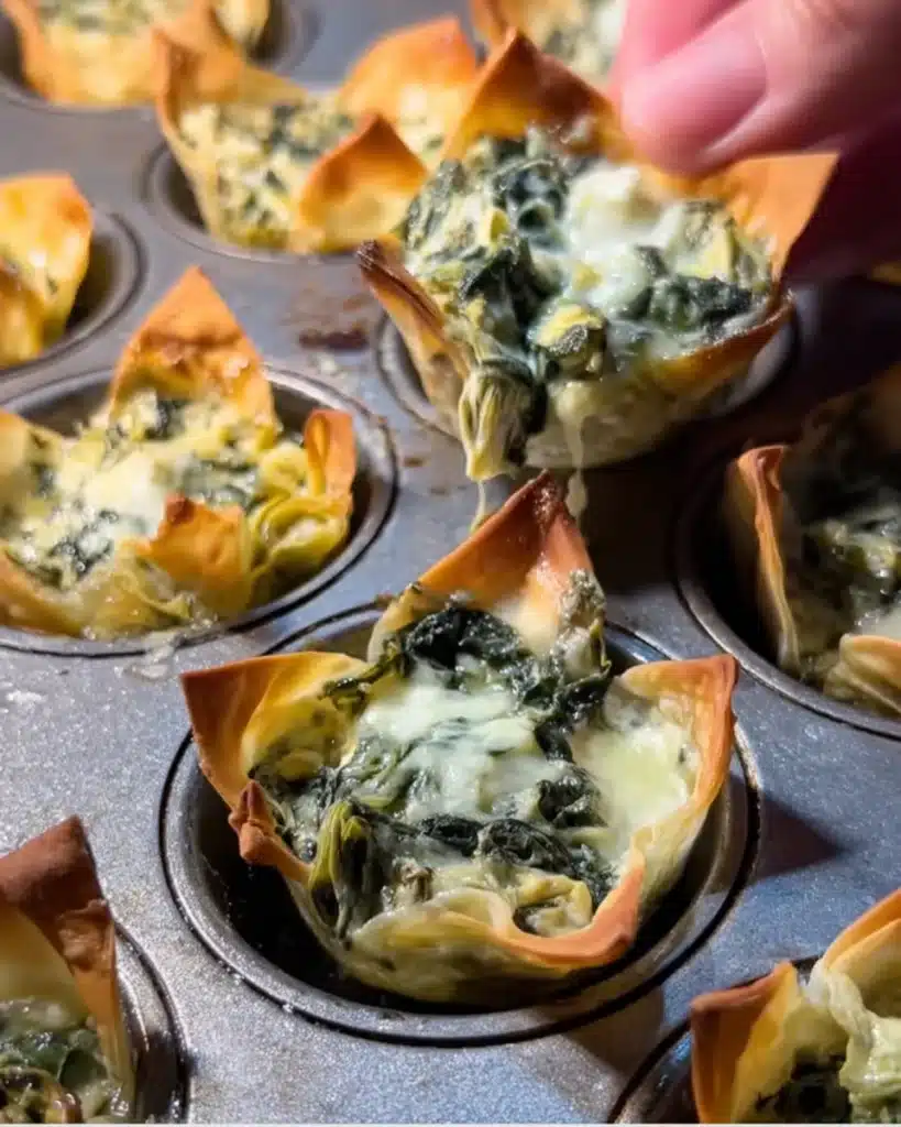 Golden spinach and artichoke wonton cup held above muffin tin