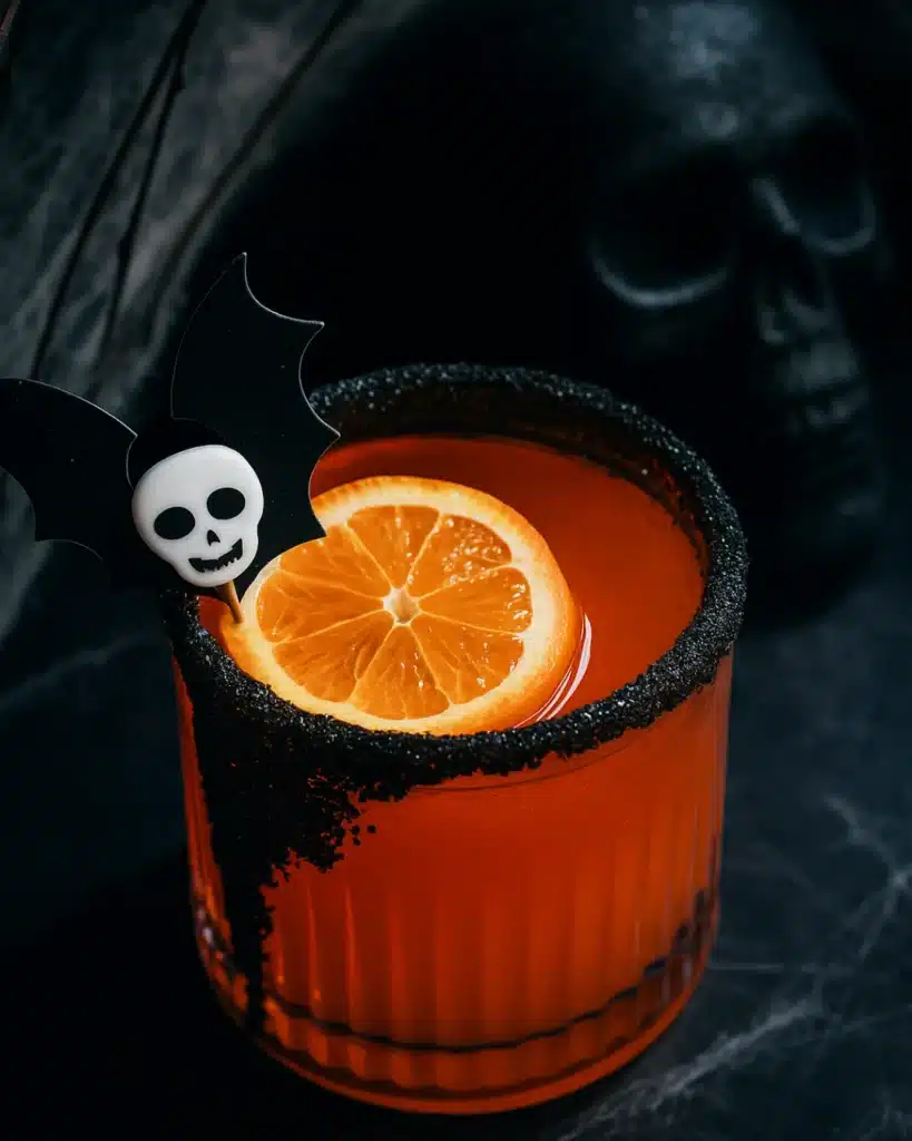 Halloween tequila drink with orange slice, black sugar rim, and bat garnish