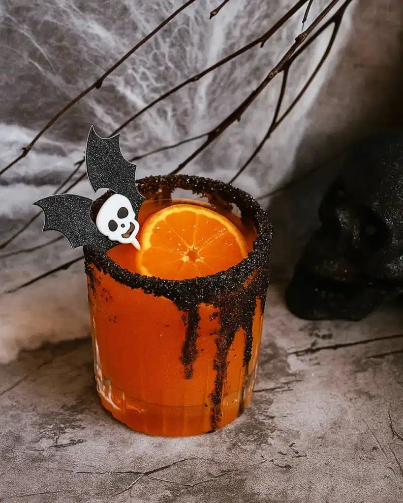 Halloween tequila cocktail with orange slice, black sugar rim, and spooky garnish