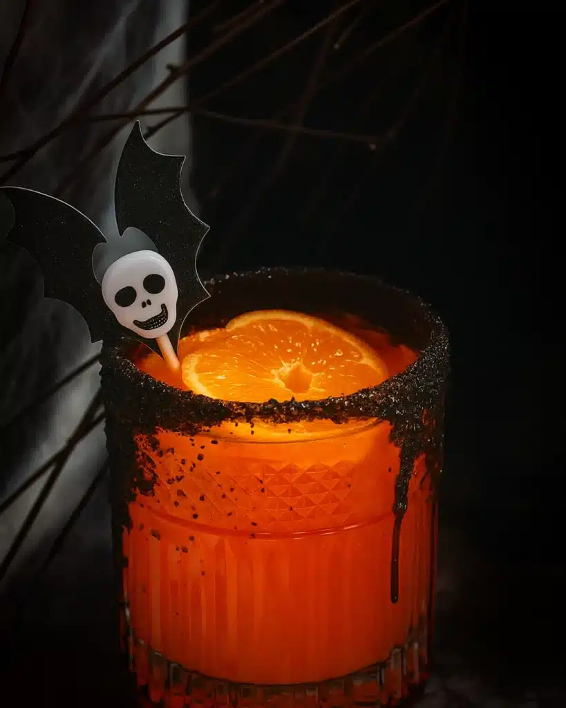 Halloween tequila cocktail with black sugar rim, orange slice, and bat garnish