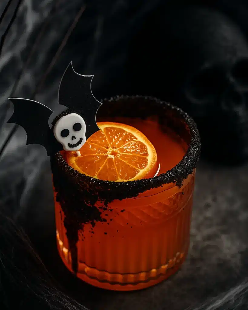Tequila Halloween drink with black sugar rim, orange slice, and skull bat garnish