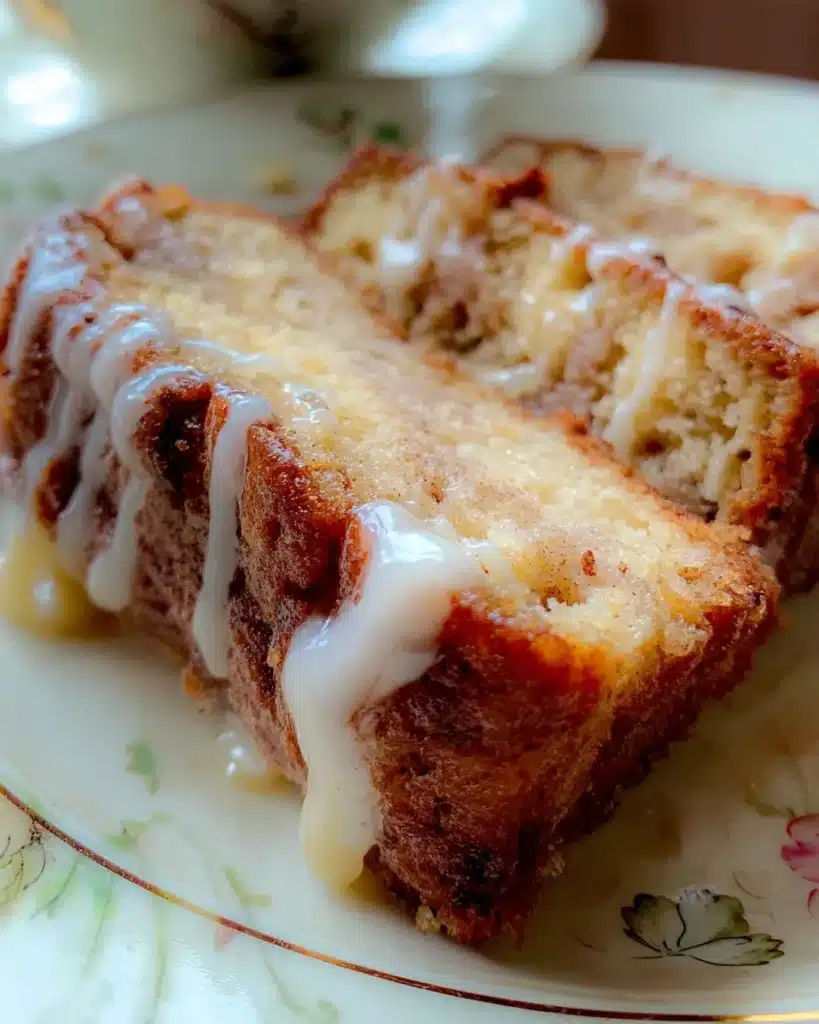 Close-up of glazed Amish apple fritter bread slice on a vintage plate