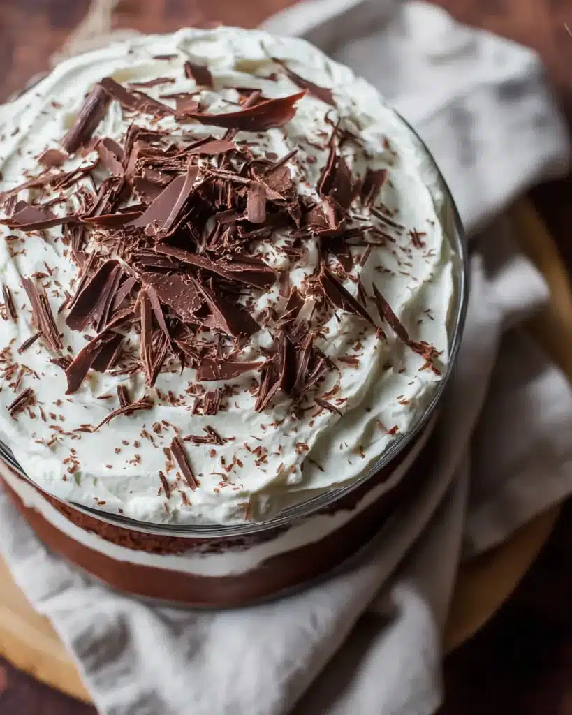 Close-up of Brownie Trifle topped with whipped cream and chocolate shavings