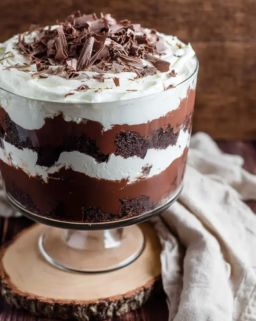 Layered Brownie Trifle with whipped cream and chocolate pudding in glass bowl