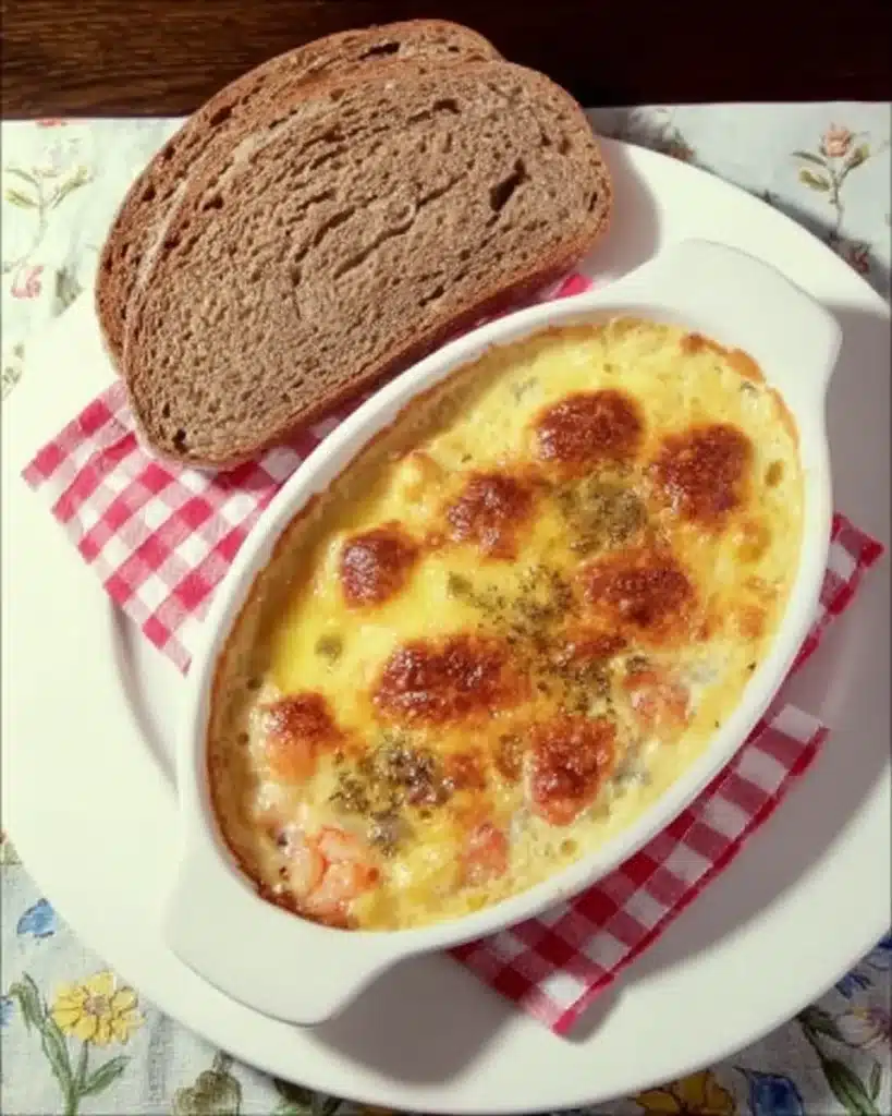 Cheesy seafood casserole with brown bread on white plate