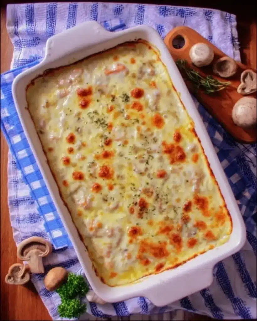 Golden baked cheesy seafood casserole in white dish