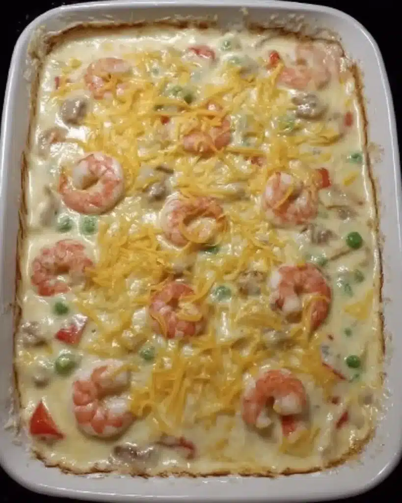 Shrimp and cheese topping on creamy cheesy seafood casserole