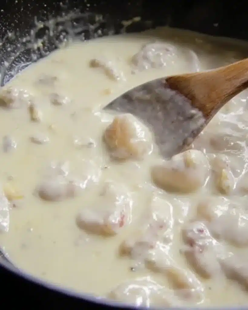 Creamy cheesy seafood sauce stirred with a wooden spoon
