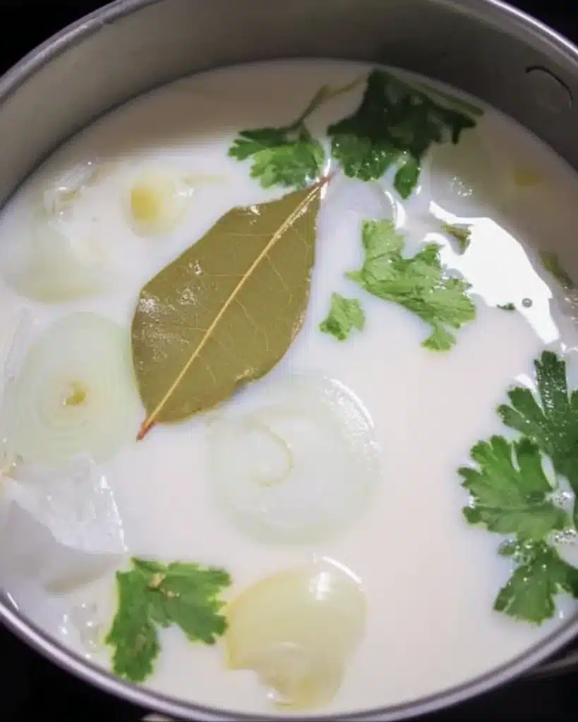 Milk infused with onion, parsley, and bay leaf for cheesy seafood sauce