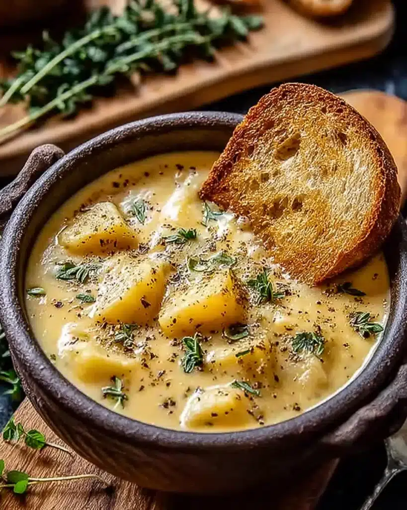 Chicken Pot Pie Soup Recipe in rustic bowl with bread