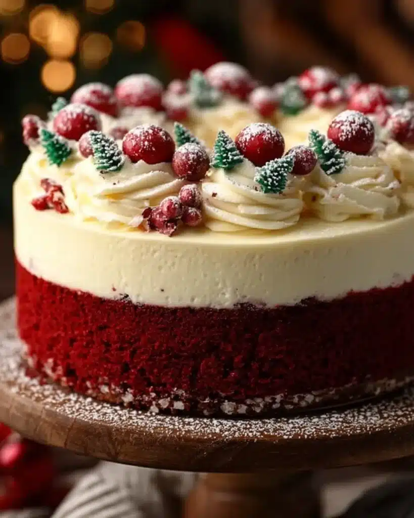 Christmas red velvet cheesecake with frosting swirls and festive decorations