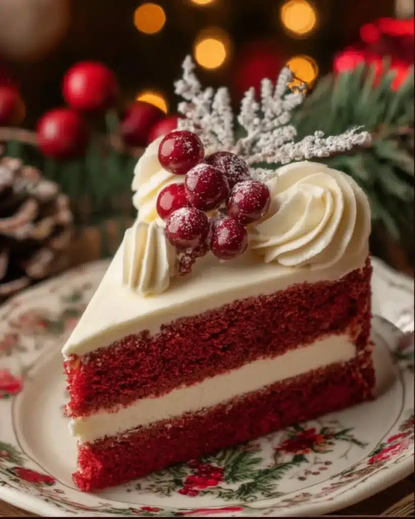 Christmas red velvet cheesecake slice with frosting and festive decorations