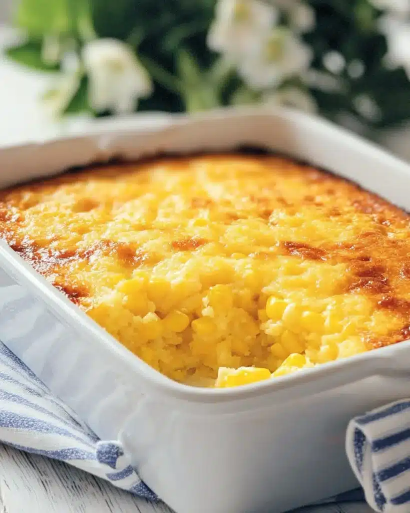 Creamy baked corn casserole with golden crust in a white dish