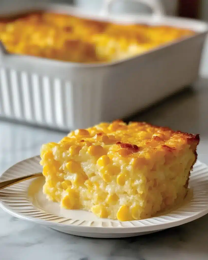 Slice of creamy corn casserole on a white plate