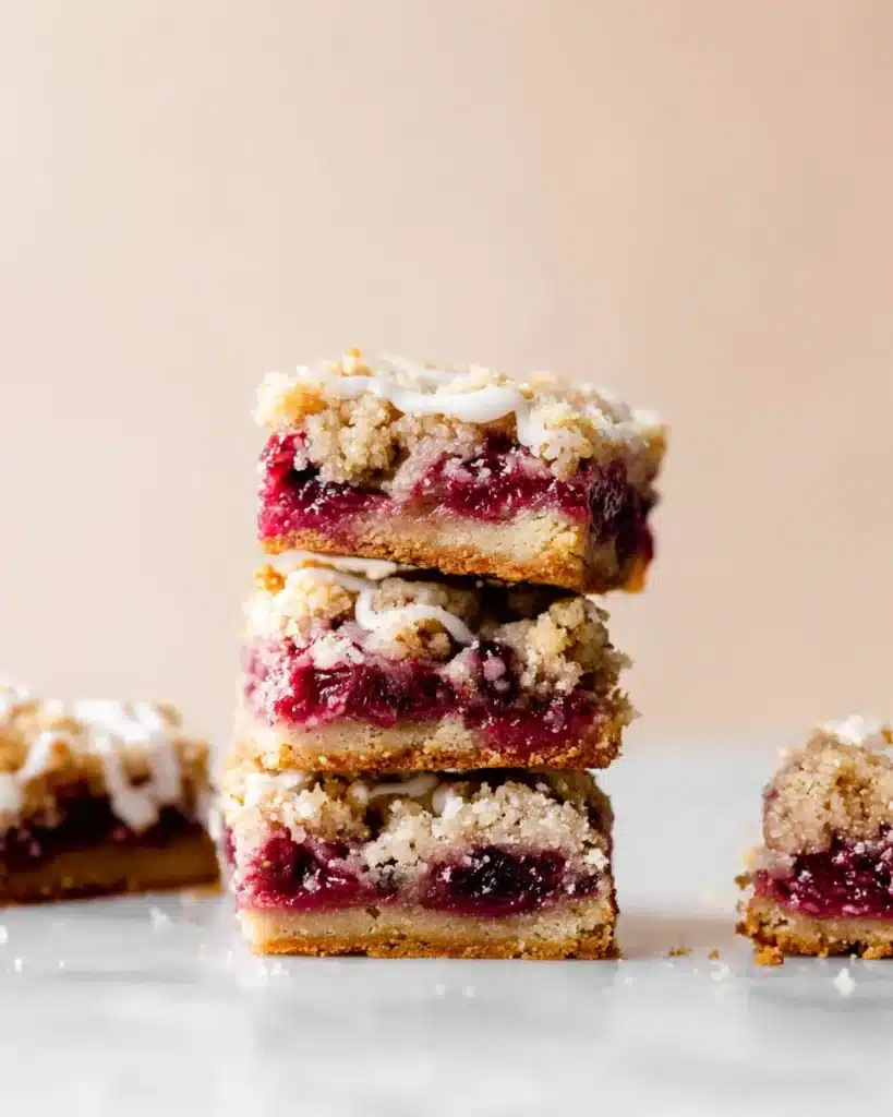 Side view of cranberry bars with shortbread crust and cranberry filling