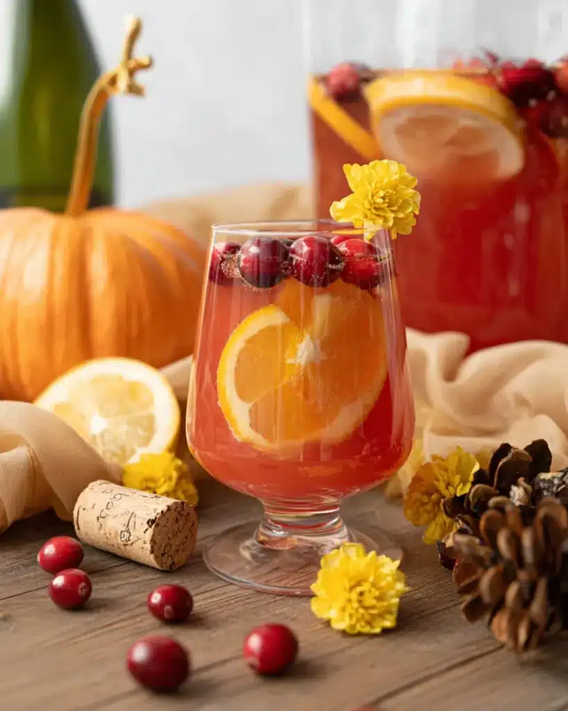 Cranberry Orange Prosecco Punch in glass and pitcher with oranges and cranberries