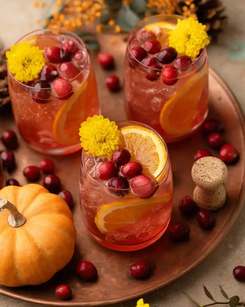 Three glasses of Cranberry Orange Prosecco Punch with orange slices and cranberries