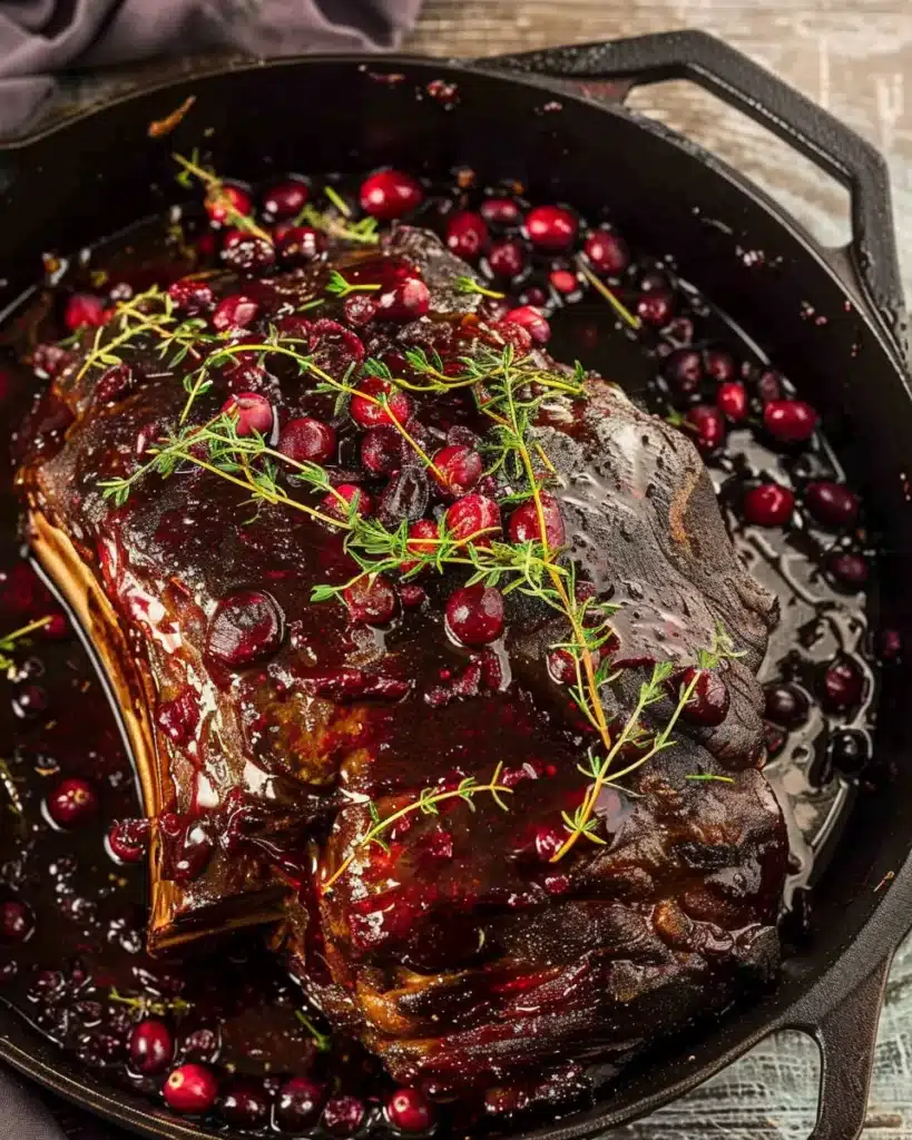 Cranberry roast beef with thyme and sauce in a skillet