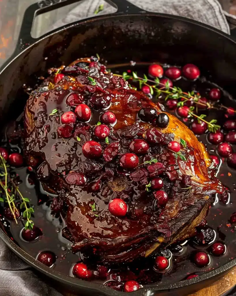 Basting cranberry roast beef with glossy cranberry sauce