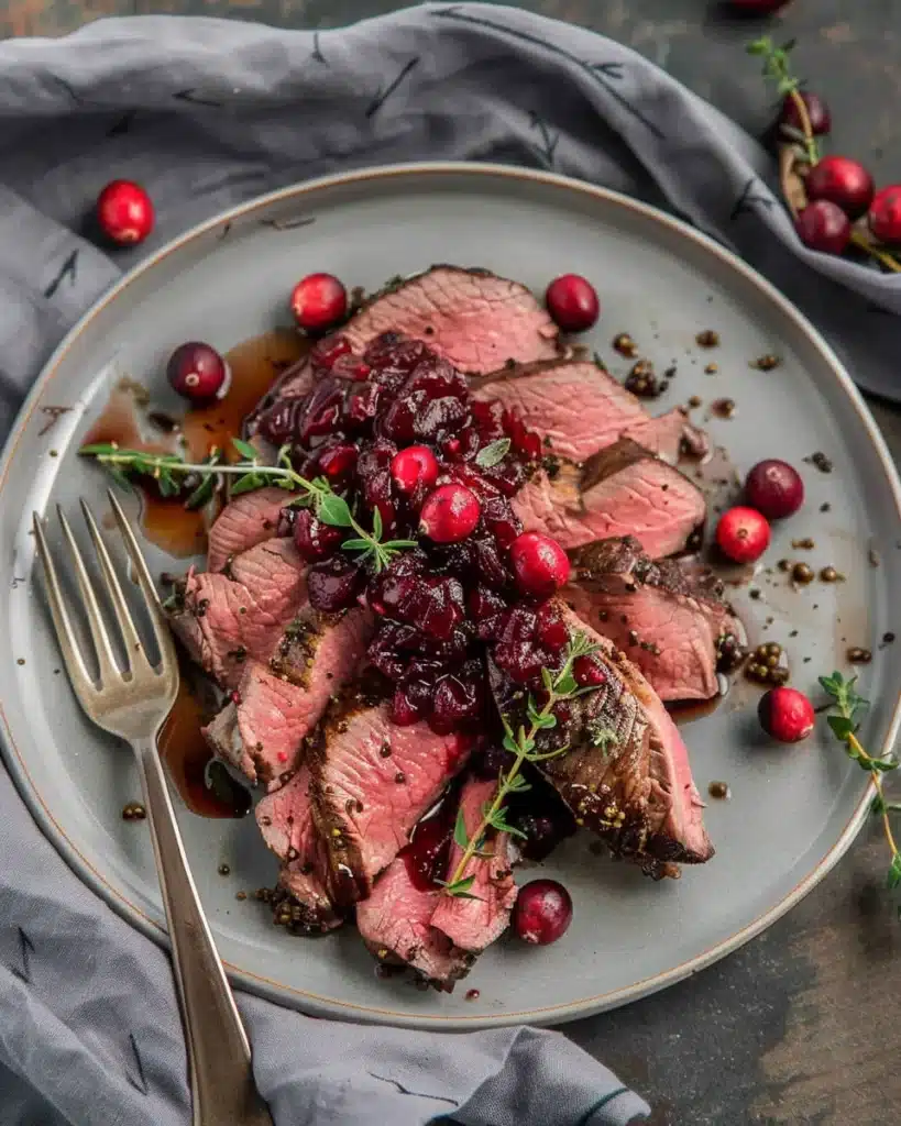 Sliced cranberry roast beef on plate with cranberry sauce and thyme