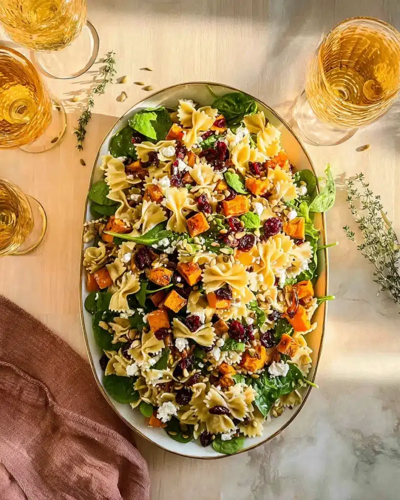 Fall harvest pasta salad with roasted sweet potatoes, spinach, and feta under warm sunlight